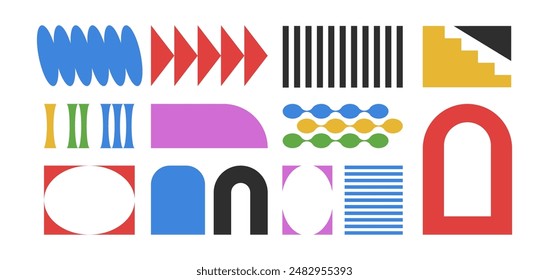 Set of abstract brutal shapes and forms in bauhaus style, sticker set of retro geometric figures. Vector illustration.