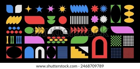 Set of abstract brutal shapes and forms in bauhaus style, sticker set of retro geometric figures. Vector illustration.