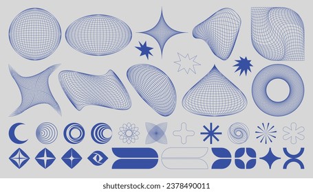 Set of abstract brutalist elements, wireframes, 3d geometric shapes, and grid deformation. Cyberpunk and retro futuristic forms. Vector Y2K aesthetic geometric graphic.