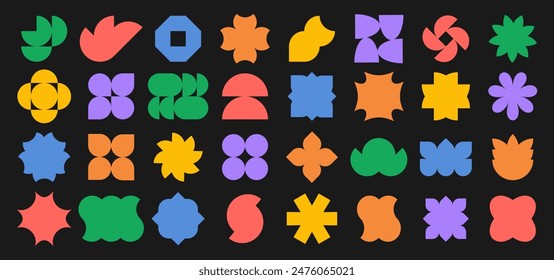 Set of Abstract brutalist futuristic geometric shapes, textbox in trendy retro Y2K style, Groovy, Vintage. Colored isolated on black background label sticker elements. Flat Vector Illustration EPS10
