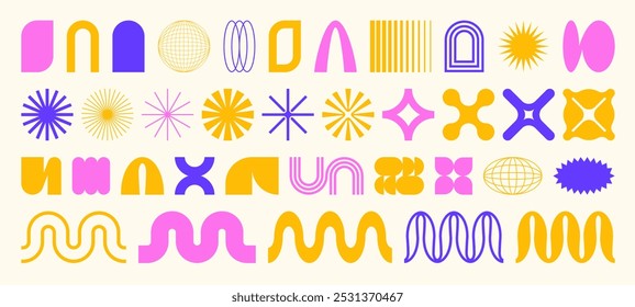 Set of Abstract brutalist futuristic geometric shapes in trendy retro groovy, Y2K style. Colored stars, flowers, rays on white background. Isolated flat elements, stickers. Vector Illustration EPS10.
