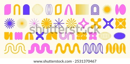Set of Abstract brutalist futuristic geometric shapes in trendy retro groovy, Y2K style. Colored stars, flowers, rays on white background. Isolated flat elements, stickers. Vector Illustration EPS10.
