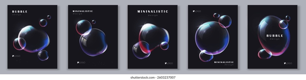 Set of abstract bubble-themed design templates with a dark background. The glowing transparent bubbles create a futuristic and minimalistic aesthetic. Vector illustration