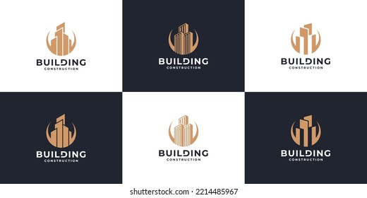 conjunto de diseño abstracto del logo de la construcción. colección de logotipos inmobiliarios de color dorado.
