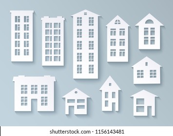 Set of abstract buildings made of paper White isolated objects for design in paper cut style. Vector illustration eps10