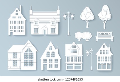 Set of abstract buildings made of paper. Northern Europe houses, trees, street lights, bench. White isolated objects for design in paper cut style. Vector illustration eps10