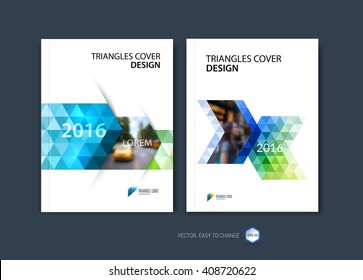 Set of abstract business brochure template layout, cover design report, magazine or booklet in A4 with blue dynamic polygonal arrows and geometric triangle shapes on white background. Vector.
