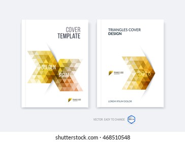 Set of abstract business brochure template, cover design for report in A4 with golden dynamic polygonal arrows and geometric triangle shapes on white background. Vector.