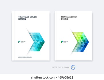 Set of abstract business brochure template, cover design for report in A4 with blue dynamic polygonal arrows and geometric triangle shapes on white background. Vector.