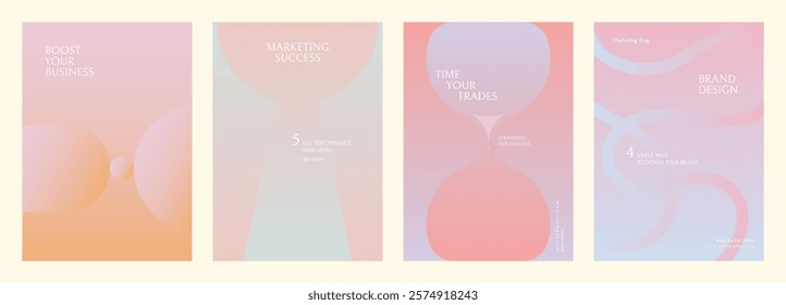 Set of abstract business posters with pastel colors. Marketing, branding, and business themes. Minimalist design with soft gradients and geometric shapes. Gradient pastel marketing template vector set