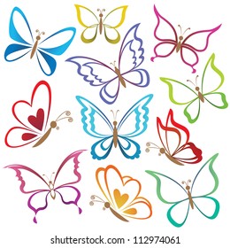 Set abstract butterflies, coloured contour silhouettes on white background. Vector