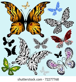 Set abstract butterflies for design on blue (vector)