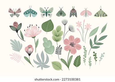 Conjunto de mariposas, polillas, flores y hojas abstractas. Clipart, elementos aislados. Ilustraciones vectoriales.