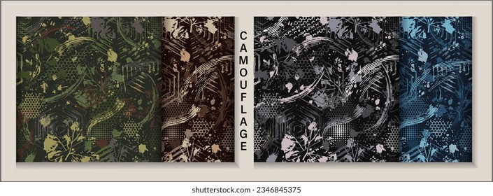 Set of abstract camouflage patterns with splattered paint, paint brush strokes, leaves, hexagons. Dense chaotic composition For apparel, fabric, textile, sport goods Grunge texture