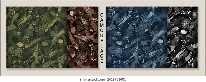 Conjunto de patrones abstractos de camuflaje con pintura salpicada, trazos de pincel. Composición caótica densa Para prendas de vestir, tejidos, textiles, artículos deportivos Textos gruesos