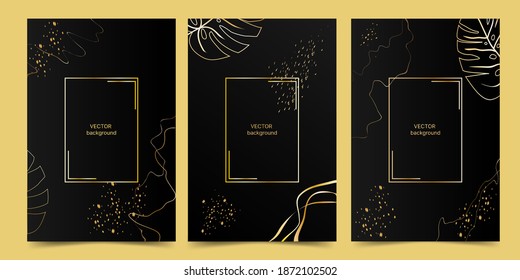 Set of abstract cards. Background from golden monstera leaves, doodle hand drawn object shape. Design for cover, invitation, placard, brochure, poster, greeting card, flyer. Vector