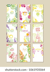Set of abstract cards or banners with natural fruits. Organic and fresh food. Healthy eating. Creative vector design for product packaging or promo poster