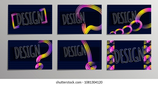 Set of abstract cards, business cards, posters against dark background. Design, bright gradient, symbols, lines. Colorful hand drawn vector stock illustration.
