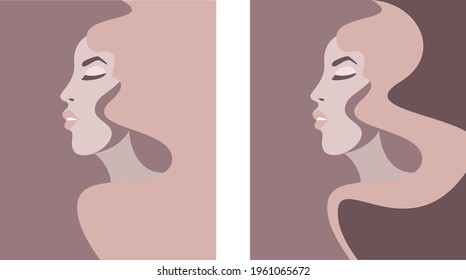 set of abstract cards in craft color with a girl's face in profile