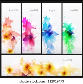 Set of abstract cards with flowers colorful elements with blots. Vector design.vertical