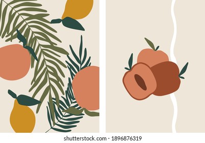 Set of abstract cards with fruit and leaves