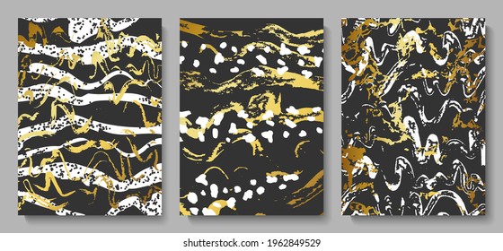 Set of abstract cards with gold and white stains on a black background.Vector illustration for decorating walls, covers,postcards, brochures and other design.