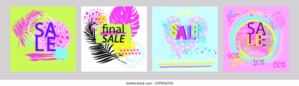 set abstract cards with inscription sale, with elements of free drawing, Doodle, tropical leaves