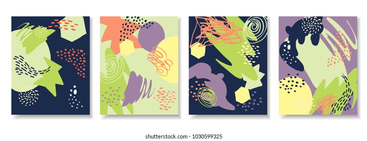 Set of abstract cards template with hand drawn shapes and dots. Universal design for wedding invitation, anniversary, birthday party and more. Vector illustration.