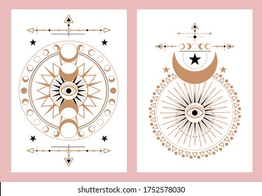 Set of abstract cards with unique design vector illustration. Vedic signs in golden and black colours flat style. Template for tattoo or clothes design. Isolated on pink background