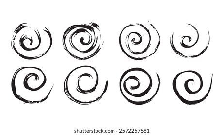 Set of abstract careless strokes in the shape of spirals on white background, swirls in grunge style, collection of black envy drawn in ink, casual style, black strokes in the form of curls for design