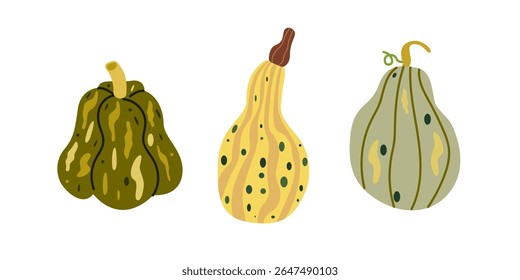 Set of abstract cartoon flat autumn pumpkins of different form and colors. Harvest season vector illustration. Cozy groovy hippie pumpkin stickers