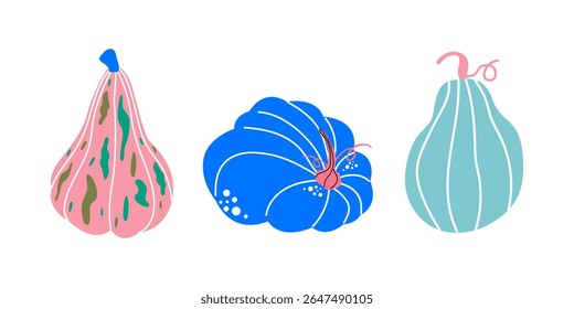 Set of abstract cartoon flat autumn pumpkins of different form and colors. Harvest season vector illustration. Cozy groovy hippie pumpkin stickers