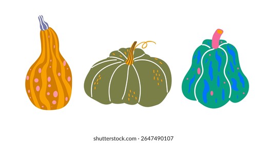 Set of abstract cartoon flat autumn pumpkins of different form and colors. Harvest season vector illustration. Cozy groovy hippie pumpkin stickers