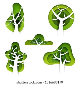 Set of abstract cartoon green trees in paper cut art style isolated on white background. Vector colorful minimalistic design concept. Creative 3d illustration or template.