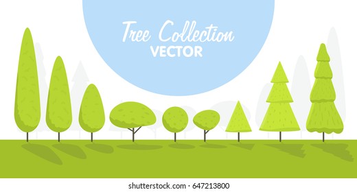 Set of abstract cartoon stylized trees. Natural illustration. Vector.