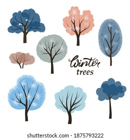 Set of abstract cartoon winter trees. Vector illustration