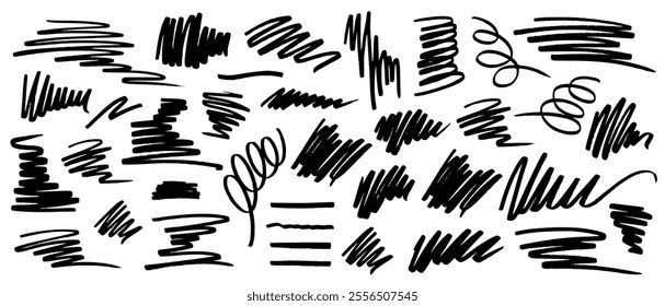Set of abstract chaotic handwritten scribbles with black marker with uneven line thickness, jagged torn edges, zigzag wavy lines. Vector texture brushes on white background.