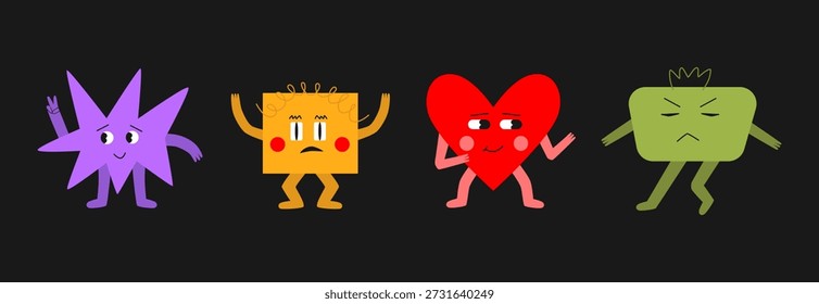 Conjunto de personagens abstratos com emoções faciais. Estrela, retângulo, coração, trapézio com rostos engraçados. Formas simples para adesivos, cartões, cartazes, planejadores.