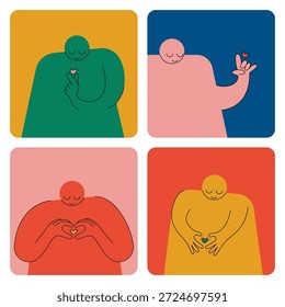 Set of abstract characters making heart hand gesture and love sign modern vintage retro style, vector illustration isolated on white background