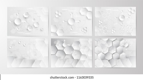 Set of abstract chemical background in grey and white tone in concept of paper cut and flat design. Vector illustration in digitalcraft.