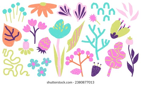 Set of abstract childish botanical elements. Flowers, berry, leaves in trendy cutout style, psychedelic color. Cartoon freehand print for card, fabric, decor, packaging, banner, post