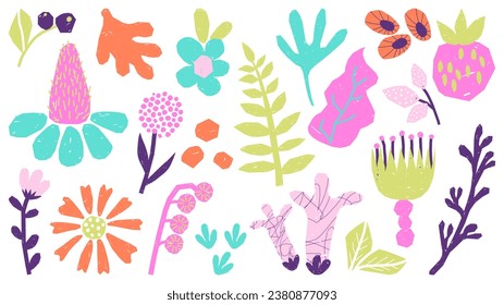 Set of abstract childish botanical elements. Flowers, berry, leaves in trendy cutout style, psychedelic color. Cartoon naive print for card, fabric, decor, packaging, banner, post
