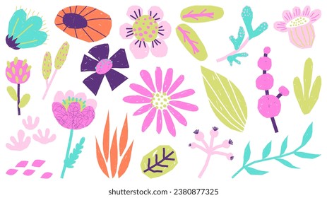 Set of abstract childish botanical elements. Flowers, berry, leaves in trendy cutout style, psychedelic color. Cartoon freehand print for card, fabric, decor, packaging, banner, post
