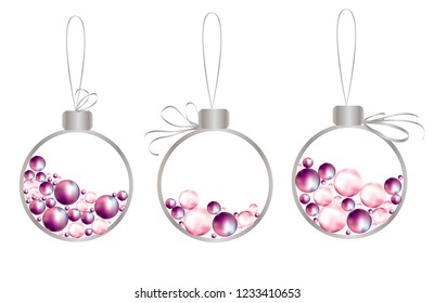 set of abstract Christmas balls with beads inside, and a place for an inscription, the concept of creative advertising and new year design banner and so on, vector design isolated on white background