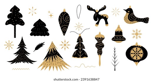 Set of abstract christmas decoration in scandinavian style. Design elements for winter holidays templates, greeting cards. Creative vector illustration.