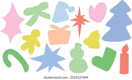 Set of abstract christmas design shapes. Hand drawn illustration vector. Pastel color.