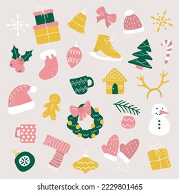 Set of abstract christmas new year winter icons. Vector illustration hand drawn doodle flat scandinavian style