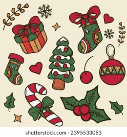 Juego de navidades abstractas iconos de invierno de año nuevo árbol de navidad, regalos, bolas, hojas, copo de nieve, bayas rojas, iconos de navidad conjunto, navidad colorida vectorial dibujado a mano	
