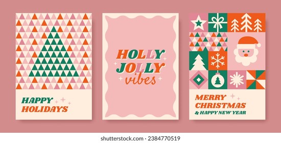 Set of abstract Christmas posters. Holly jolly vibes phrase, geometric contemporary design. Vector illustration.