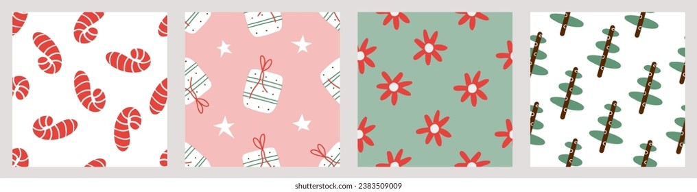 Set of abstract Christmas seamless patterns. Cute Xmas repeating backgrounds collection. Winter holidays print bundle. Flat cartoon vector illustration